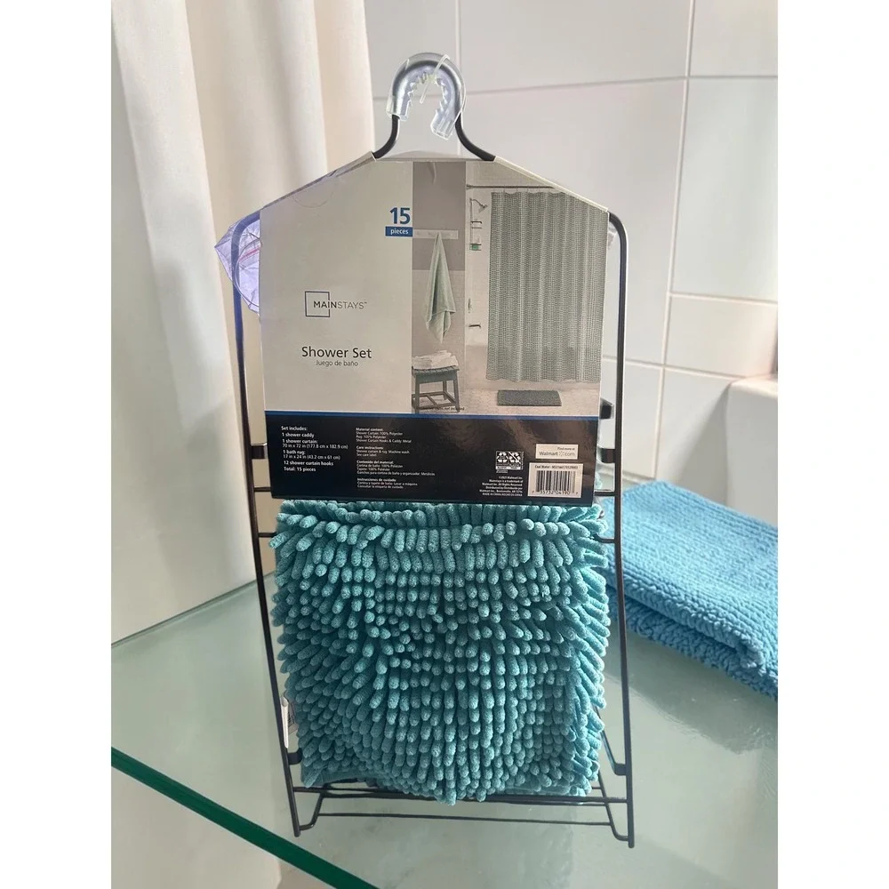 Mainstays 15 Piece Shower Set Teal Geometric Curtain Rug Caddy Hooks